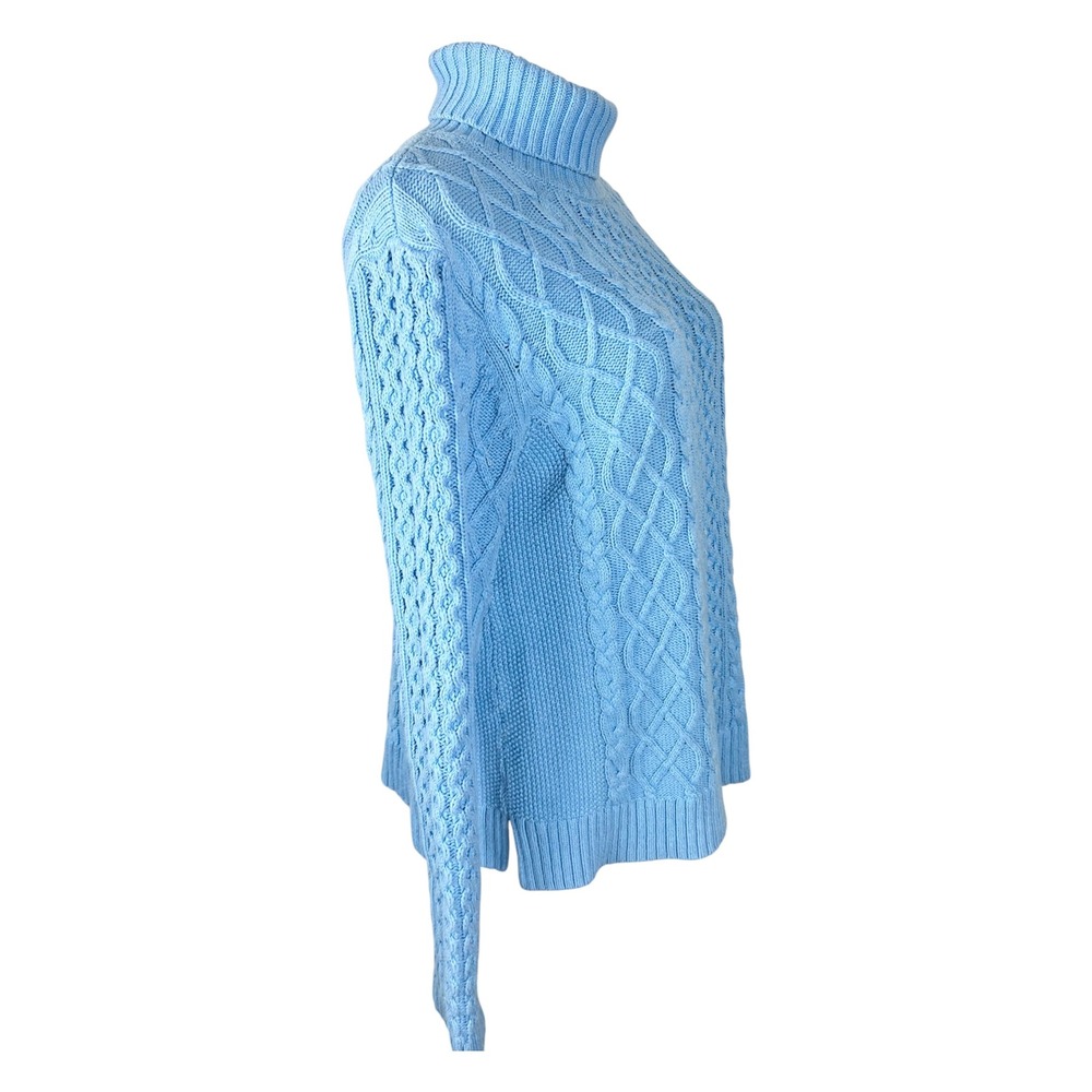 Lands End Womens Light Blue Cable Knit Turtleneck Sweater Size Large Petite